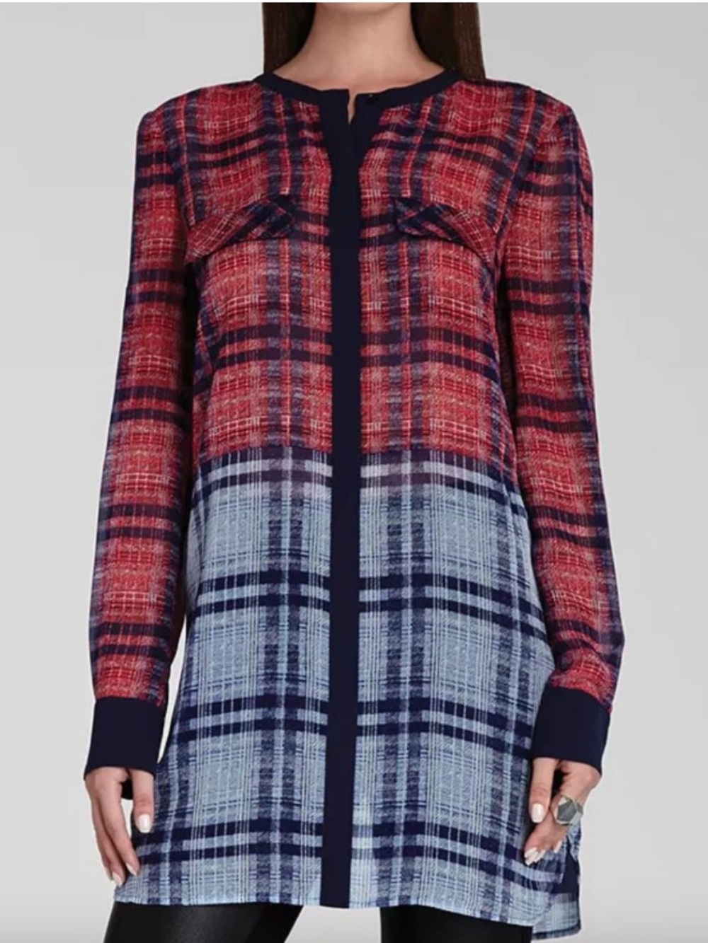 BCBG Maxazria Red Blue Plaid 100% Silk Chiffon Button Up Tunic Top